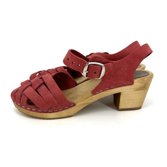 MIA Bety Woven Suede Leather Heeled Wood Swedish Clogs Red Size 39 8.5 - Picture 3 of 10